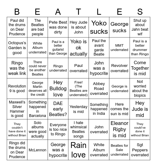 R/Beatles fans “unpopular opinions” Bingo Card