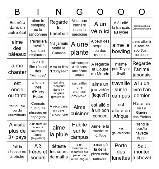 Bingo! Trouvez quelqu'un qui... Bingo Card