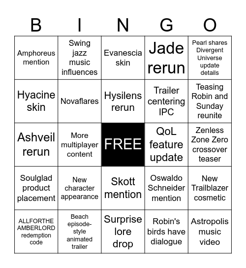 Honkai: Star Rail 4.5 Special Program Bingo Card