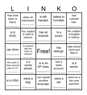 Find someone in Link Crew who... Bingo Card