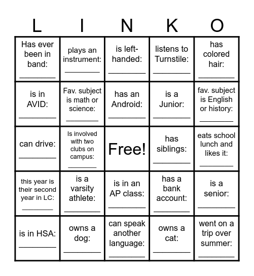 Find someone in Link Crew who... Bingo Card