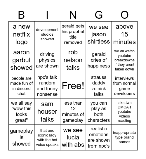 GTA 6 Bingo Card