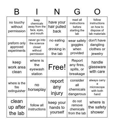 Science Safety Bingo Card
