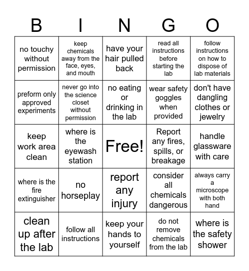 Science Safety Bingo Card