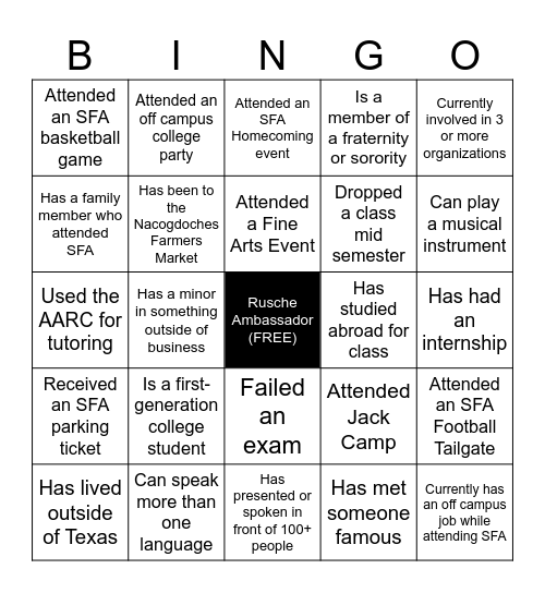 Rusche Ambassador Bingo Card