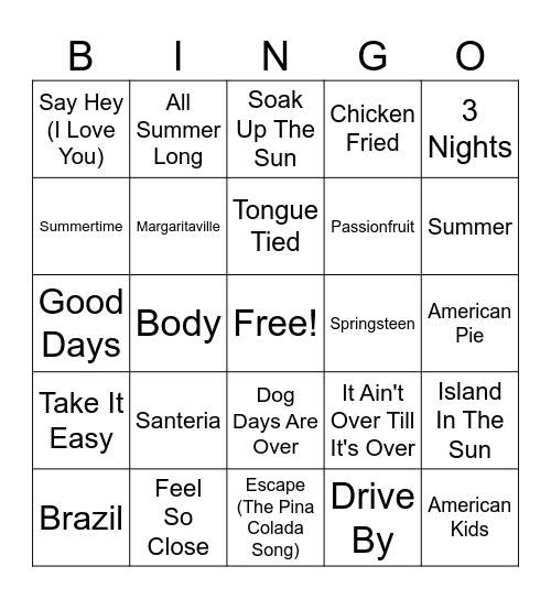 SUMMER HITS Bingo Card