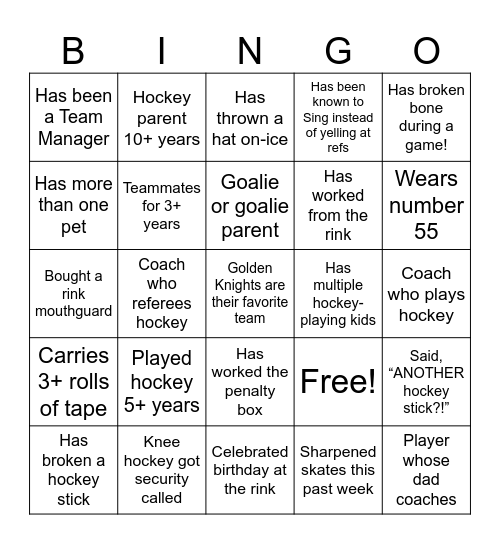 Hockey Meet & Greet Bingo Card