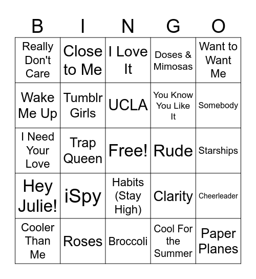 2017 Hits Bingo Card