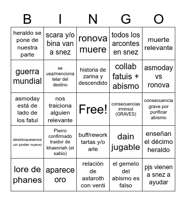 snez Bingo Card