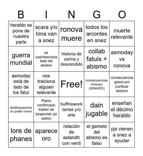 snez Bingo Card
