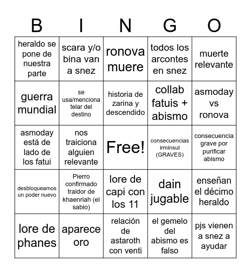 snez Bingo Card