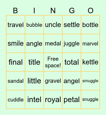 words ending in /le/, /el/, /al/ Bingo Card