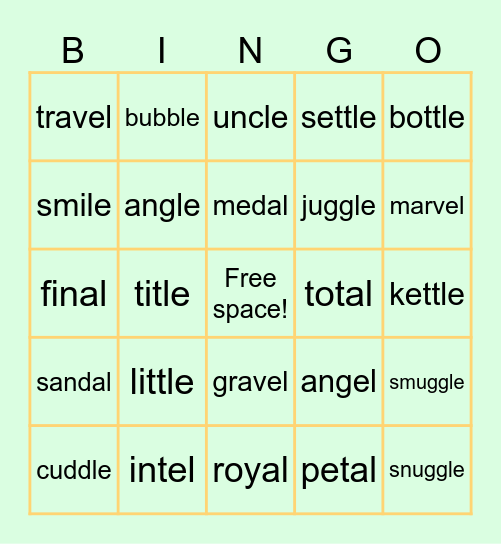 words ending in /le/, /el/, /al/ Bingo Card