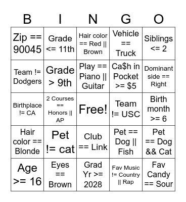 APCSP Boolean Bingo Card