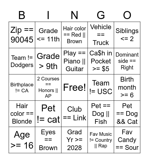 APCSP Boolean Bingo Card