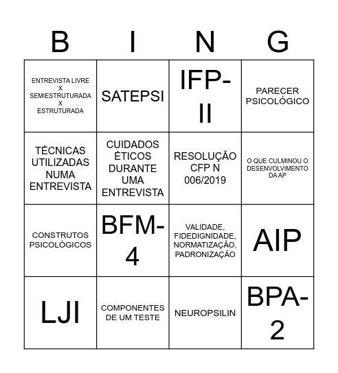 Bingo Avaliação Psicológica Bingo Card