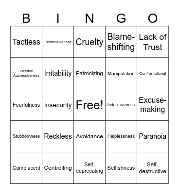 Character Defect Bingo Card