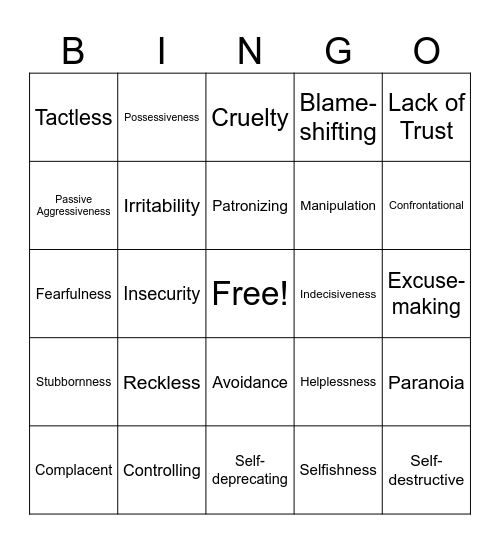 Character Defect Bingo Card