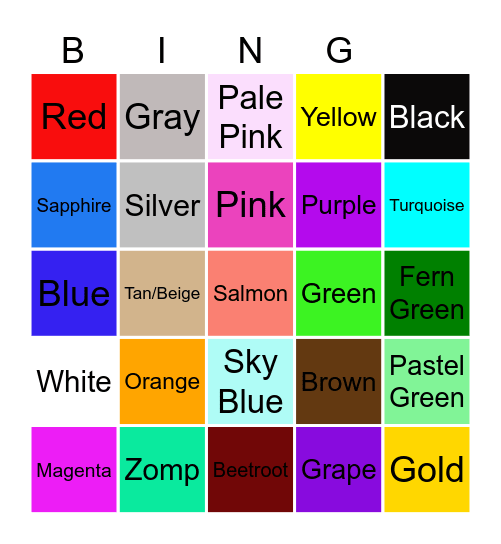 Colours Bingo Card