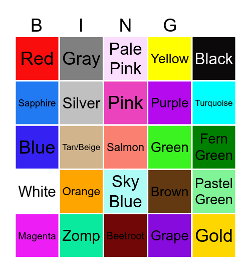 Colors Name Bingo Card