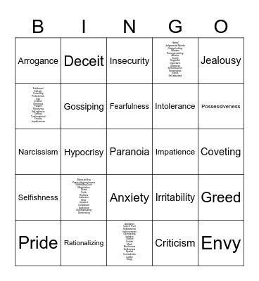 Character Defect Bingo Card