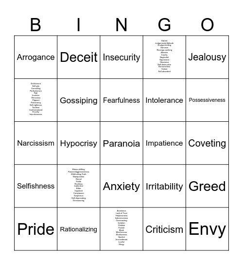 Character Defect Bingo Card