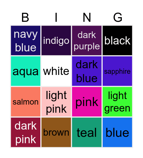 Colours Bingo Card