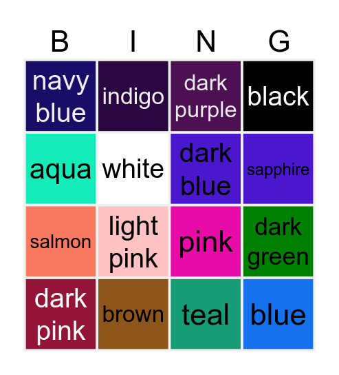Colours Bingo Card