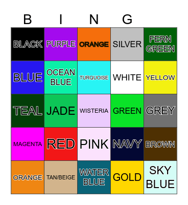 COLOURS NAME Bingo Card