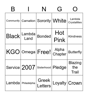 Lambda Kappa Omega Bingo Card