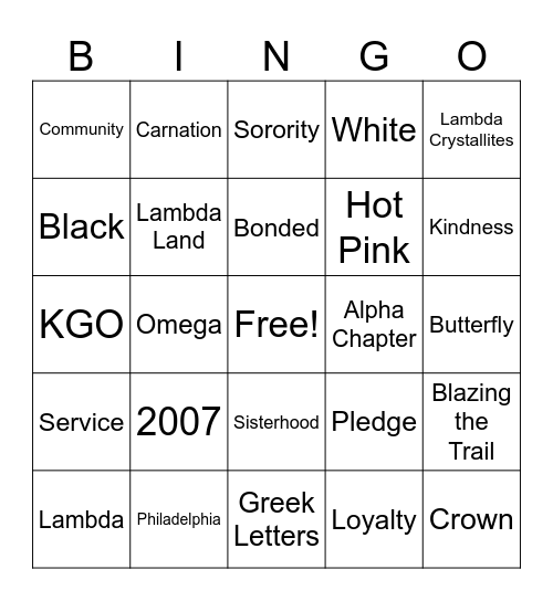 Lambda Kappa Omega Bingo Card