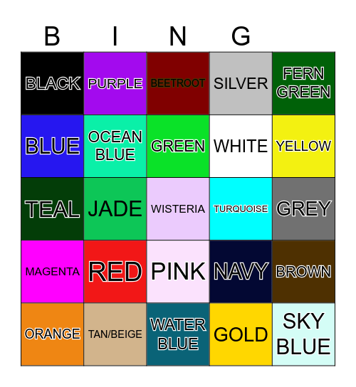 COLOURS NAME Bingo Card
