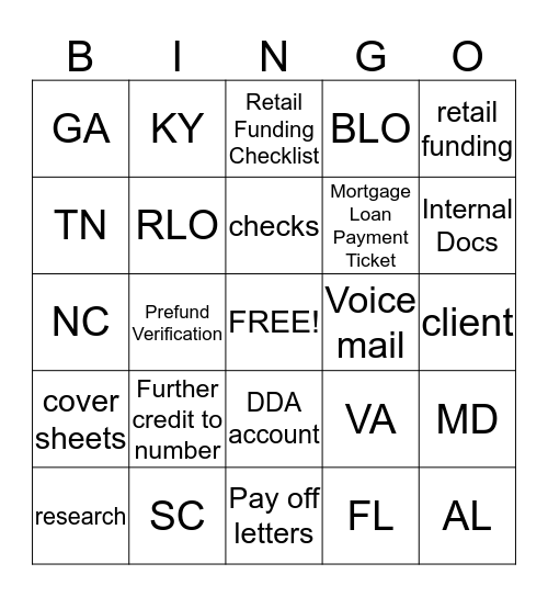 BANKER'S Bingo Card