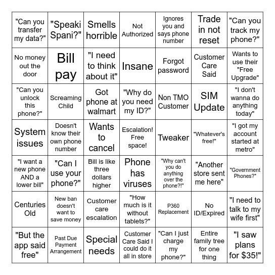 Freak Mobile Bingo Card