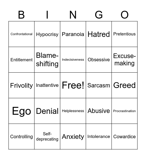 Character Defect Bingo Card