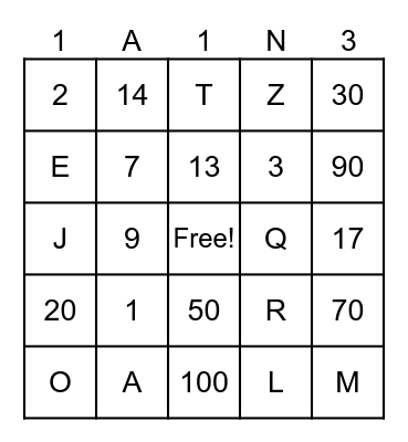 Letters and Numbers Bingo Card