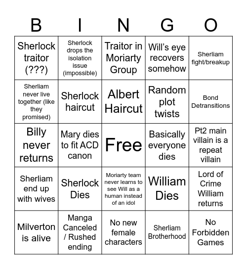 Horrific Awful Overthinker’s Yuumori Predictions Bingo Card