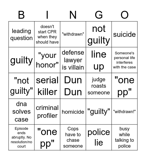 Law & Order SVU Bingo Card