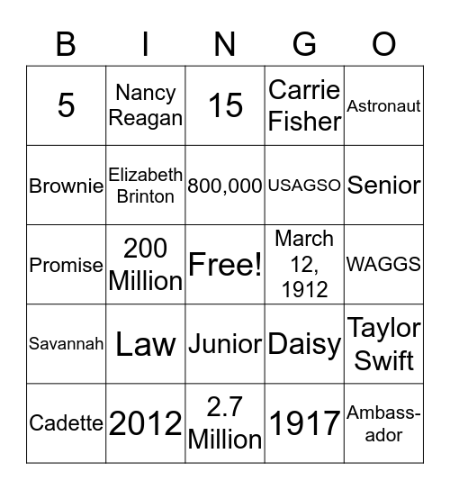 World Thinking Day Bingo Card