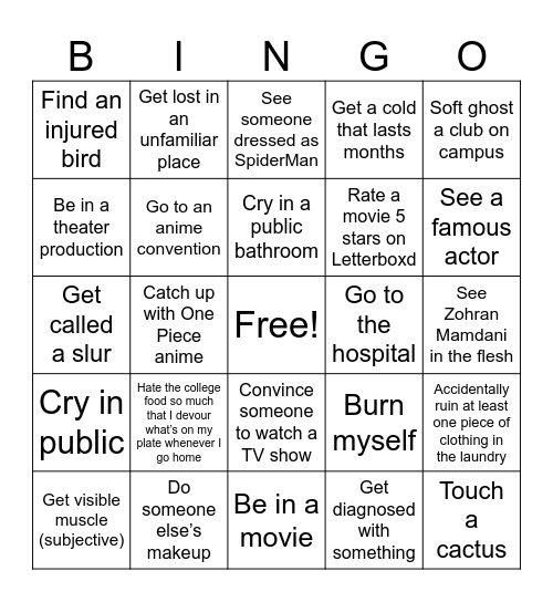 Freshman Year Bingo Card