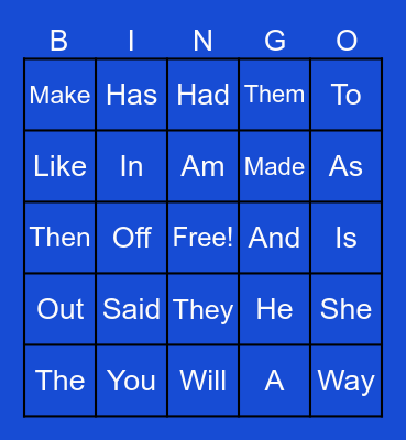 Sight Words Bingo Card
