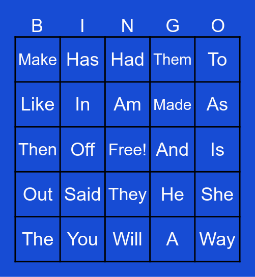 Sight Words Bingo Card