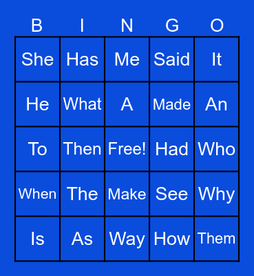 Sight Words Bingo Card
