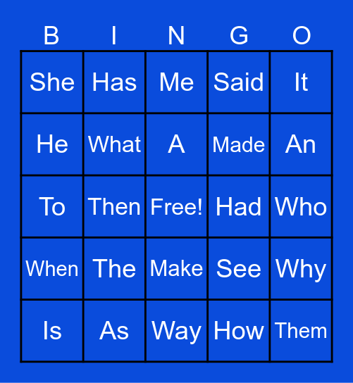 Sight Words Bingo Card