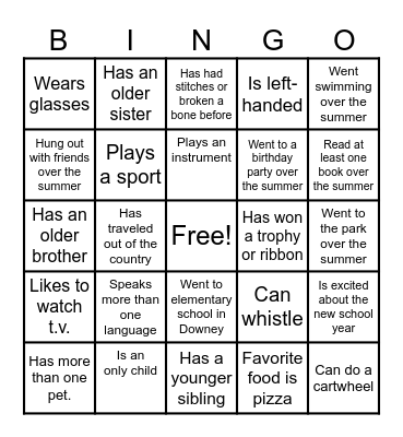 Back to School Bingo Card