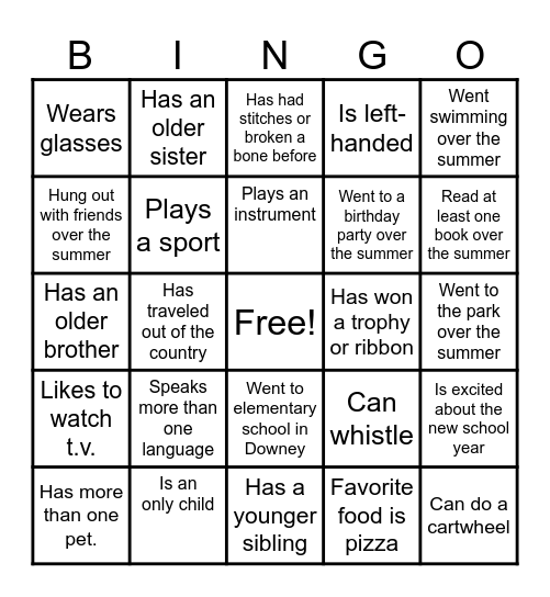 Back to School Bingo Card