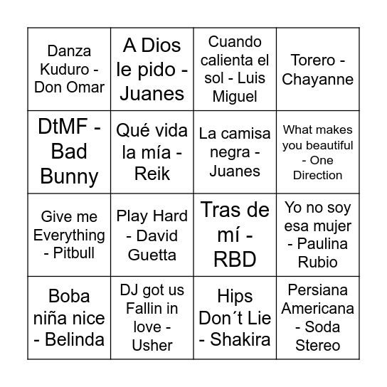 Bingo Musical YAS Bingo Card