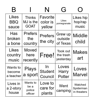 Get To Know You Bingo Card