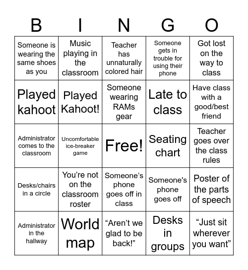 First Day of School Bingo Card