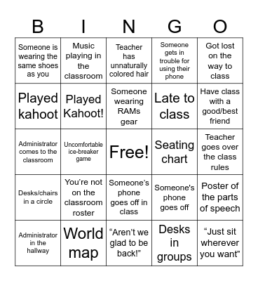 First Day of School Bingo Card